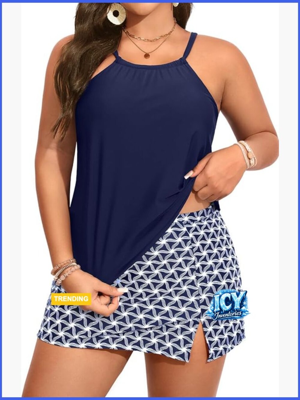 Plus Size Tankini Set with Skirt Tummy Control High Neck Swimsuit